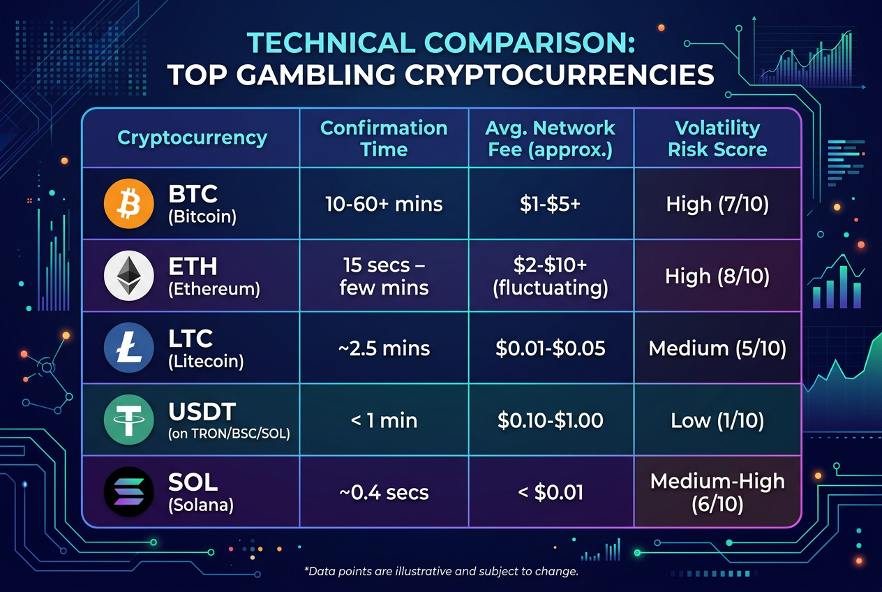 Tabela porównawcza kryptowalut BTC, ETH, LTC, USDT i SOL pod kątem czasu potwierdzenia i kosztów sieciowych