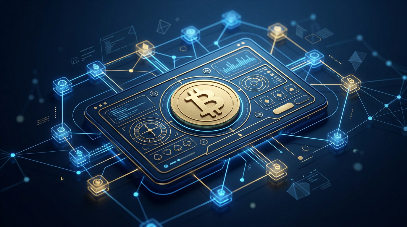 Eleganckie kasyno bitcoin z elementami technologii blockchain i symbolami kryptowalut