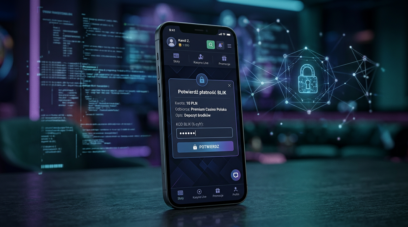 Smartfon z potwierdzeniem wpłaty 10 PLN przez BLIK w kasynie internetowym