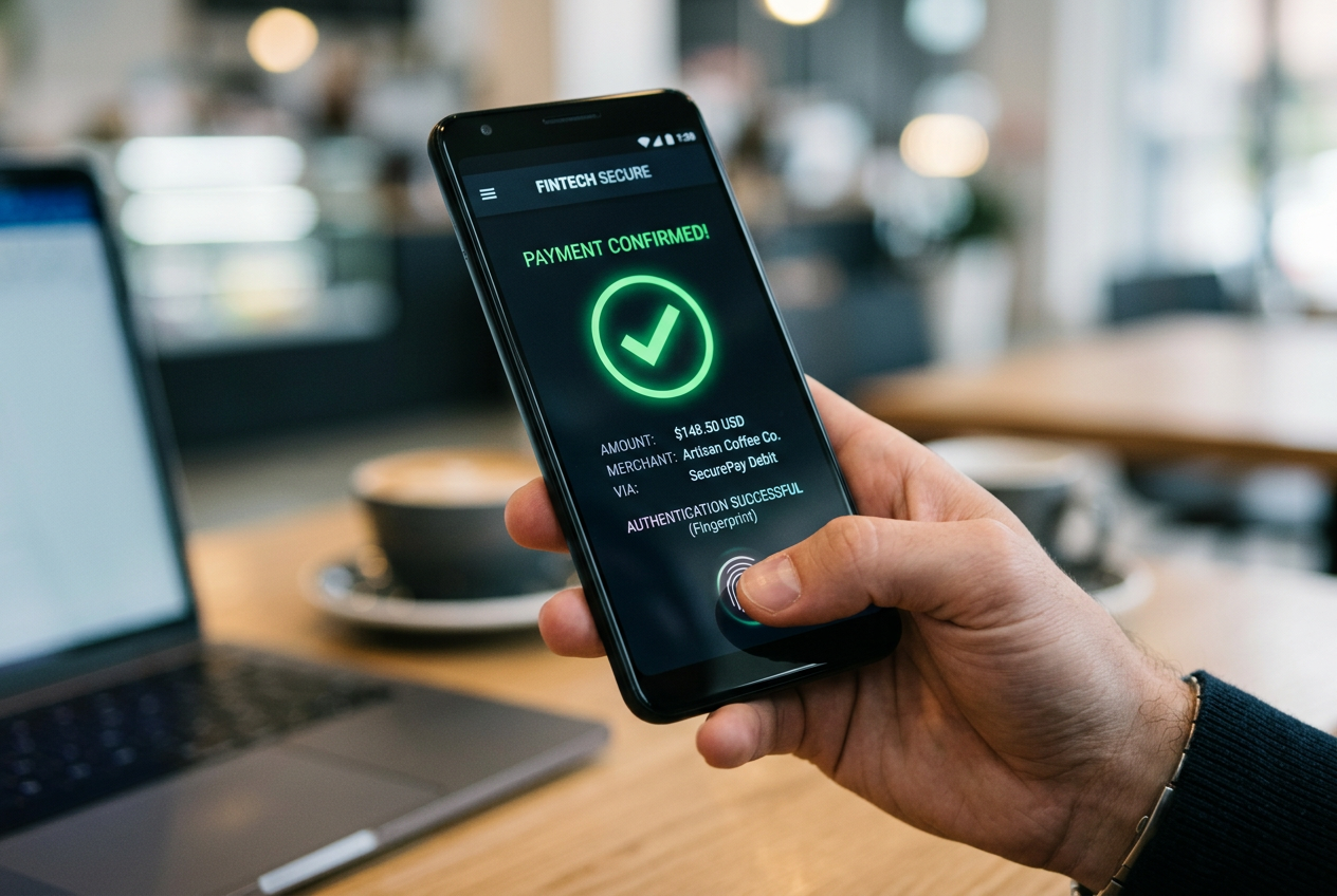 Zbliżenie na ekran smartfona z biometryczną autoryzacją płatności w kasynie online